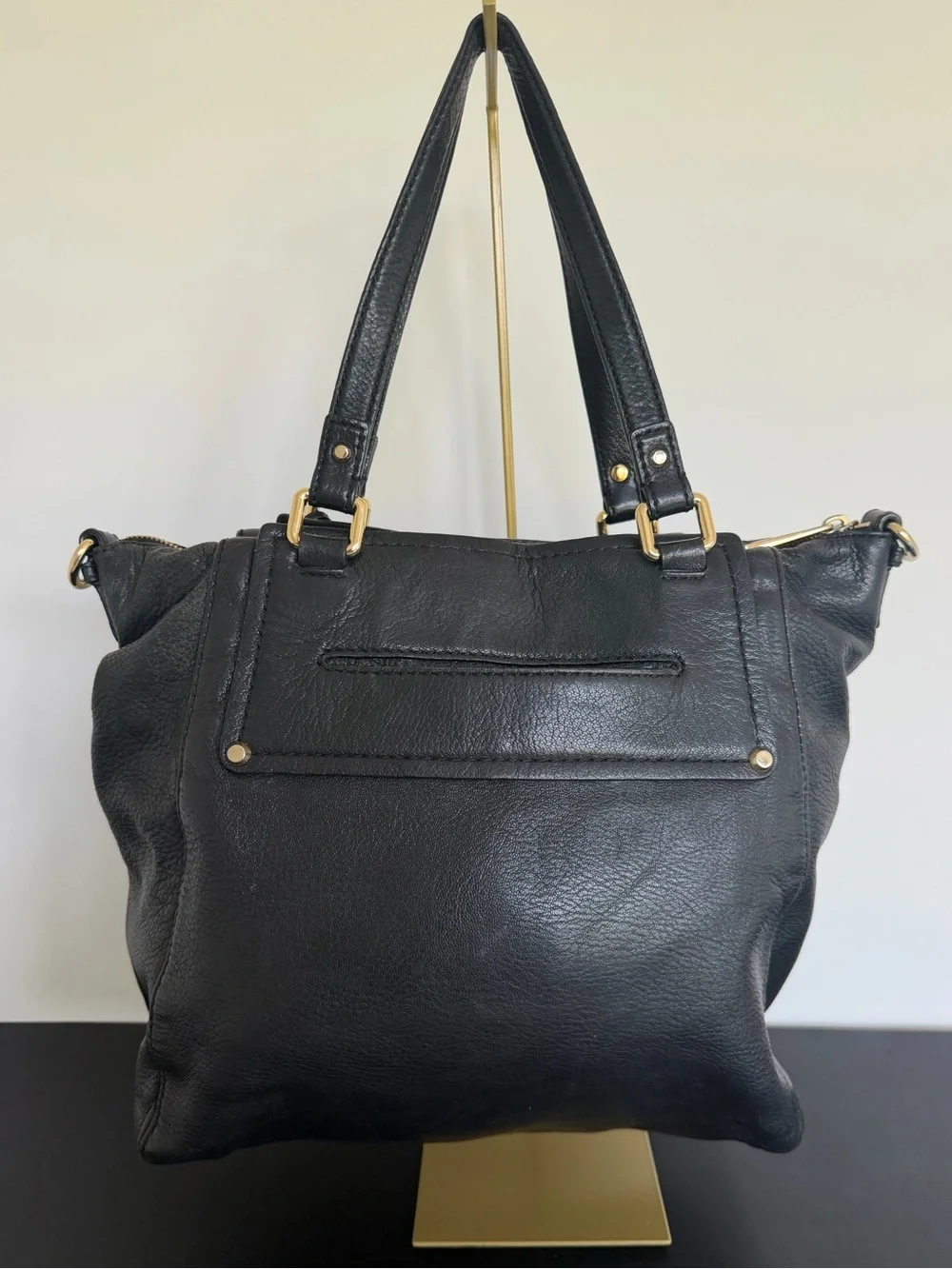 Michael Kors Black Pebbled Leather Tote Handbag Gold MK Medallion